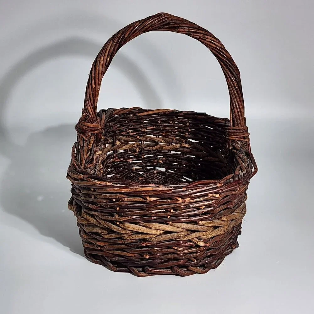 VTG Large Woven Rattan Twig Stick Gathering Basket with Handle Two Toned Brown